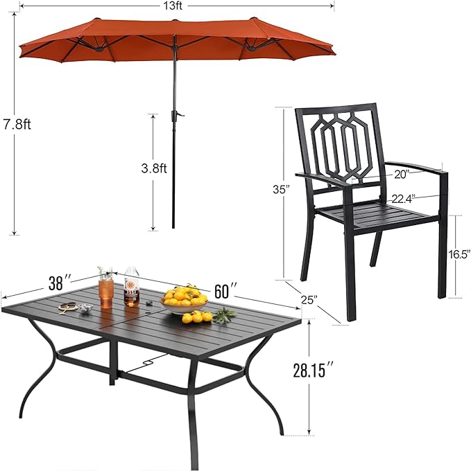 PHI VILLA Patio Dining Set 8 PCS with 13ft Double-Sided Patio Umbrella(Orange Red)，Metal Outdoor Dining Set - 6 x Outdoor Stackable Chairs, 1 x 60"x38"Rectangle Dining Table and 1 Umbrella