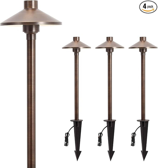 Gardencoin Solid Brass Low Voltage Pathway Lights (6.7'' Shade, 21.9'' Tall), 12V AC/DC Heavy Duty LED Landscape Path Lights Outdoor Wired, Antique Bronze Walkway Lights with Larger Stake, 4-Pack