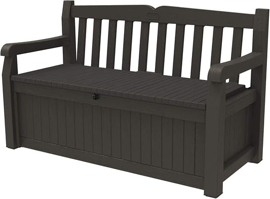 Keter Solana 70 Gallon Storage Bench Deck Box for Patio Furniture, Front Porch Decor and Outdoor Seating – Perfect to Store Garden Tools, Brown/Brown