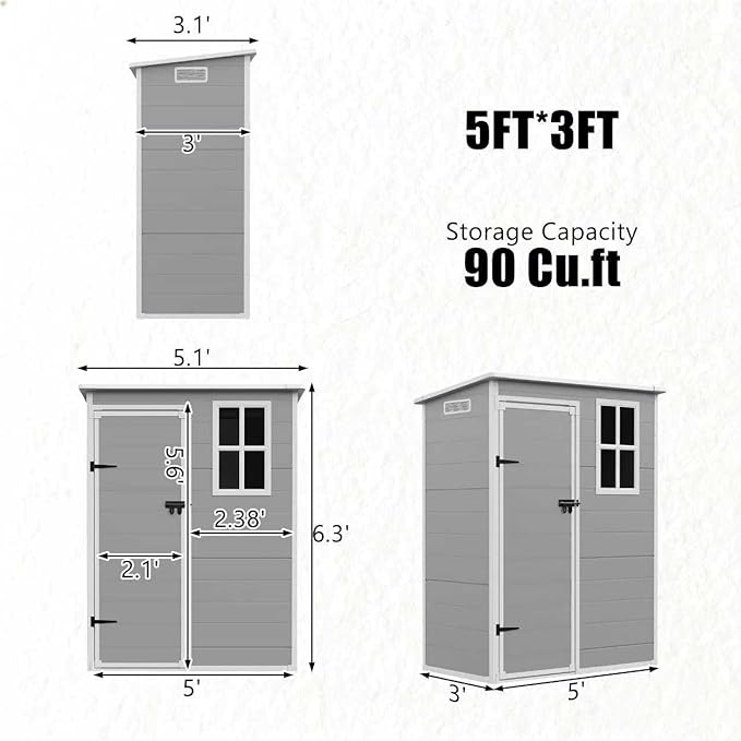 Outdoor Shed 5x3/6x4/7x7/8x6/8x10/8x12 FT, 15MM Thick PP Resin Plastic Shed with Lockable Door & Floor - Waterproof Plastic Tool Shed for Bike, Garbage Can, Backyard, Patio ﻿ ﻿ (Grey, 5X3FT)