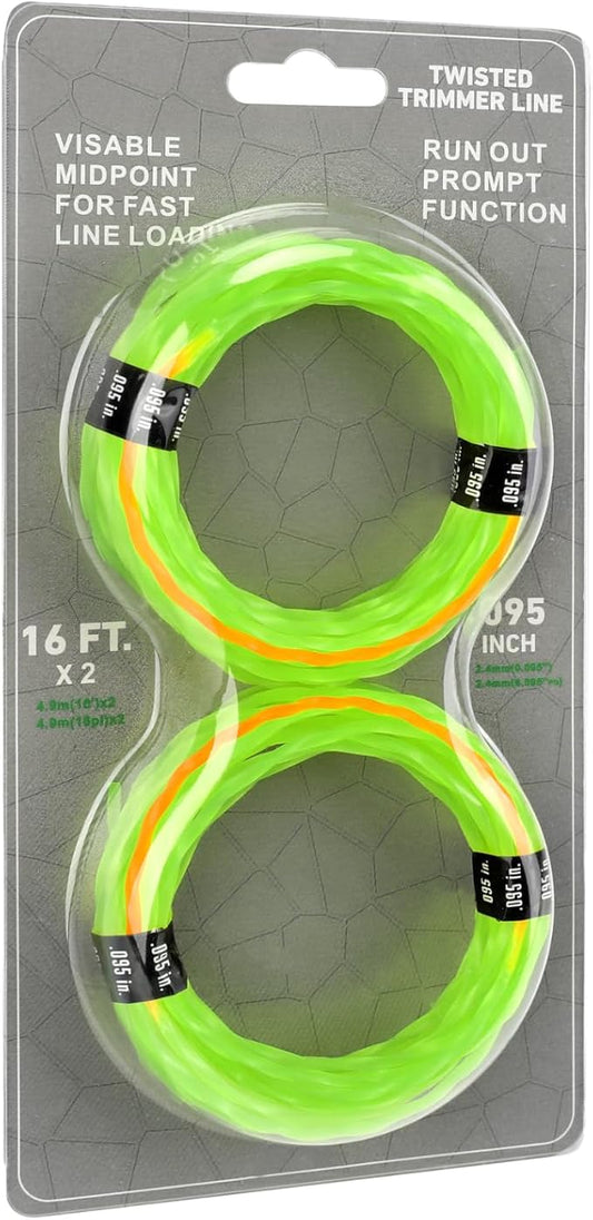 2-Pack 095 Trimmer Line Heavy Duty, Professional Twisted Weed Wacker String for Gas and Electric Grass Trimmer and Brushcutters, Pre-Cut Dual Color 3-section Fast-positioning Twisted Trimmer Line 14FT