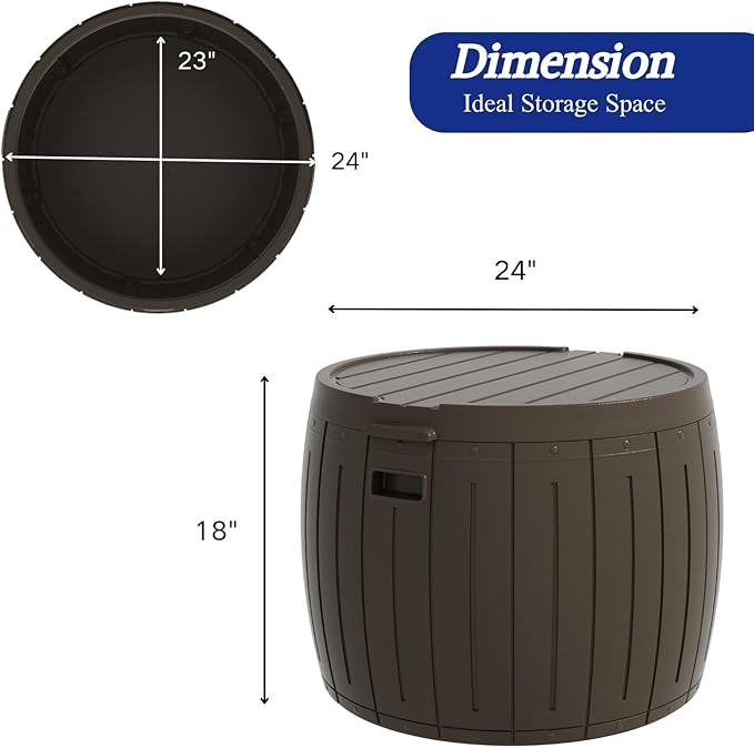ZZM 33 Gallon Round Deck Box, Patio Side Table for Cushion, Picnic Bucket, Small Bench Seat, All-Weather & Portable, Brown