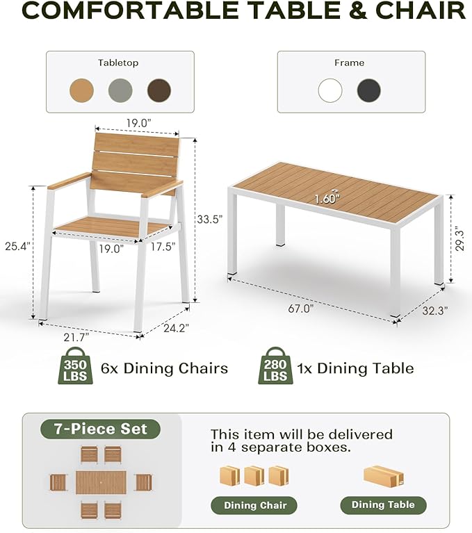 Outdoor Dining Set for 6, Patio Table and Chairs Set, Aluminum Patio Furniture Set with Umbrella Hole, HDPS Patio Dining Table Set for 6 (White-Teak)