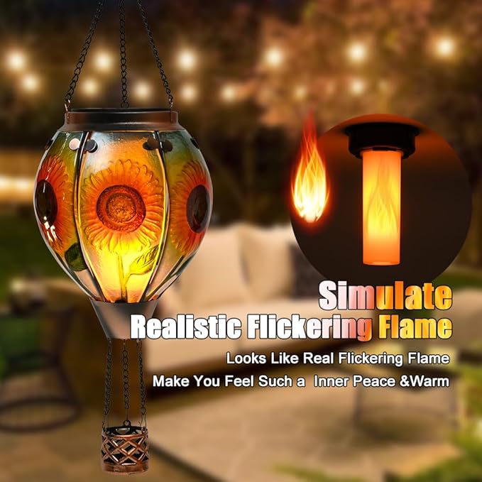 Hot Air Balloon Solar Lantern - Sunflower Glass Lantern, Simulated Flickering & Dancing Flame, Outdoor Hanging Yard Light Waterproof IP65 for Patio Lawn Porch Decor Gift
