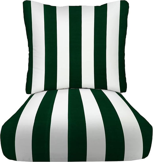 RSH DECOR: Deep Seating Cushion with Pillow Back | 24” x 27” Seat | All-Weather Spun Fabric | Water and Fade-Resistant | Outdoor Chair Cushion Set for Patio Furniture | Hunter Green & White Stripe