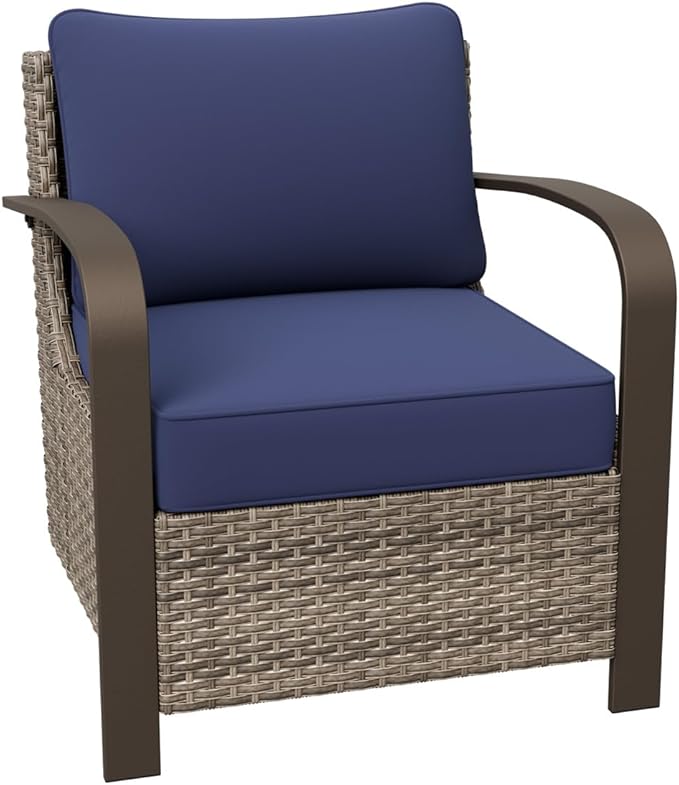 COOS BAY Aurora Terrace Outdoor Chairs with Cushions, Wicker Dining Set with Deep 4-Inch Seating, Modern Curved Armrest Porch Chairs, Set of 1, Beige/Blue