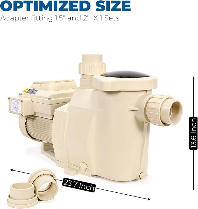 XtremepowerUS 3.0HP High-Flo Pool Pump Variable Speed In-Ground Pool, 1.5” & 2” Adapters Fitting Energy Star Certified -230V