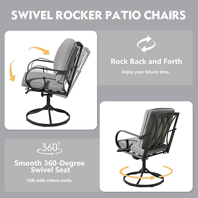 MELLCOM Patio Swivel Chair Set of 8, Heavy Duty Outdoor Dining Chairs with Thickened Cushions, Metal Patio Chairs Gentle Rocker for Outside, Garden Lawn & Porch, Backyard, Grey