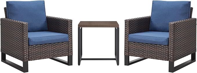 Rilyson Wicker Outdoor Patio Chairs Set - 3 Piece Rattan Patio Furniture Bistro Chairs Set with Waterproof Wicker,Comfortable Cushions and Sturdy Metal Frame for Porch Deck Backyard(Brown/Blue)