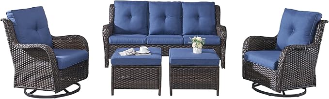 Rilyson 5 Piece Outdoor Patio Furniture Set - Rattan Wicker Patio Conversation Sets with 2 Swivel Rocker Chairs,2 Ottomans and 1 Sofa for Outside Porch Deck Backyard(Brown/Blue)