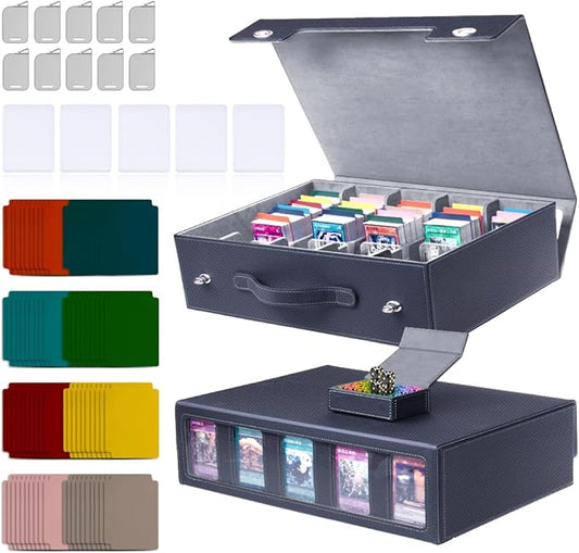 5-Row 3900+ Trading Card Storage Box for MTG, Card Deck Box with Snap-fit Design, 5 Card Sleeves, 10 Stoppers, 80 Dividers and 1 Dice Tray (Black-Grey)