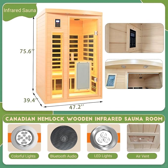 Infrared Sauna 2 Person, Ultra Low EMF Infrared Sauna (0-5mg), Far Infrared Saunas for Home, Canadian Hemlock Wood Indoor Sauna with Bluetooth Speakers, Reading Lamps, Chromotherapy Lights