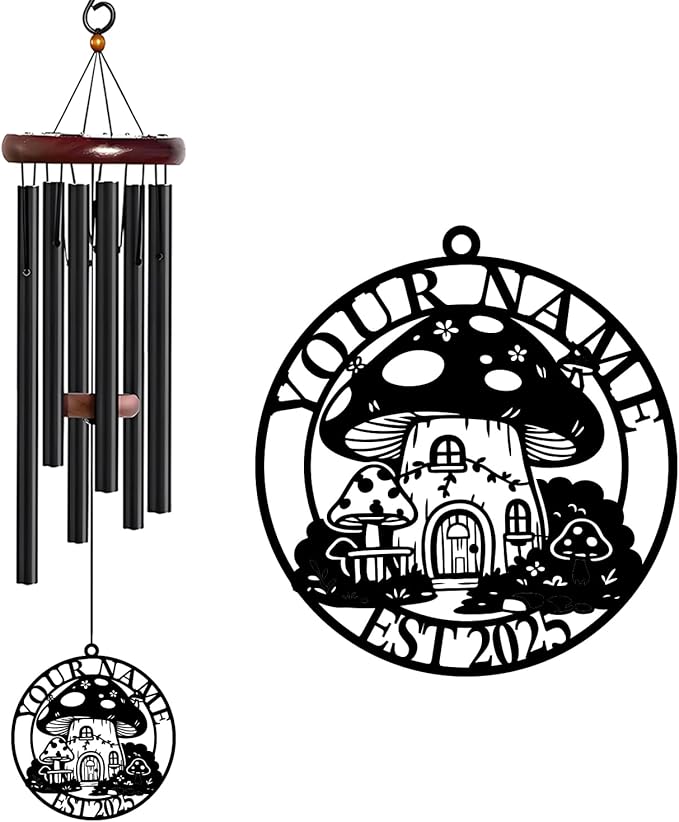 Personalized Customize Name Fantasy Mushroom Wonderland Wind Chime, Metal Iron 37 Inch Outdoor Memorial Gift for Garden Yard Patio Home Decor, Black (Style E)
