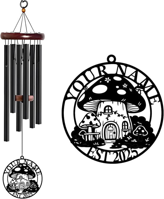 Personalized Customize Name Fantasy Mushroom Wonderland Wind Chime, Metal Iron 37 Inch Outdoor Memorial Gift for Garden Yard Patio Home Decor, Black (Style E)