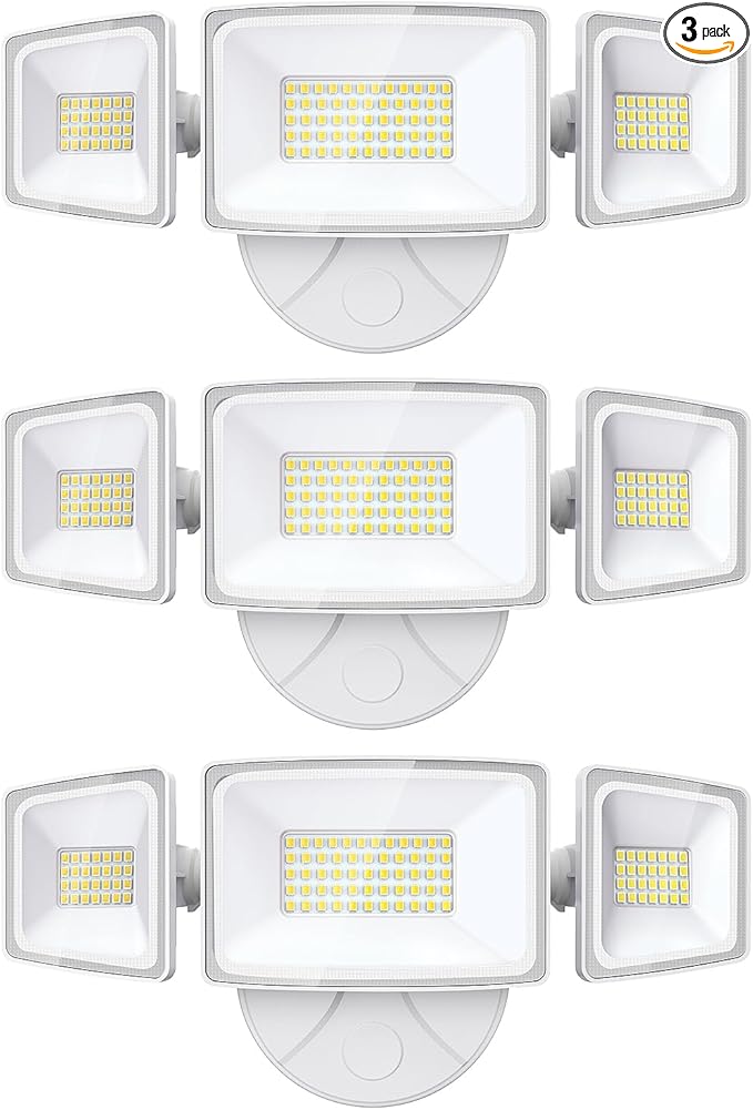 Onforu 3 Packs 60W LED Security Light, 6000LM Outdoor Flood Lights Fixture with 3 Adjustable Heads, IP65 Waterproof, 6500K White Brightness Exterior Wall Mount Security Light for Eave, Yard(White)