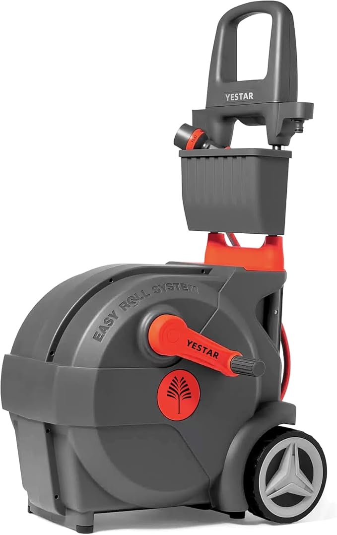Hand-Crank Garden Hose Reel 5/8" x 100ft, Heavy Duty Garden Water Hose Reel, Removable, Any Length Lock, Hand Crank Effortless Rewind System, 4-Pattern Nozzle