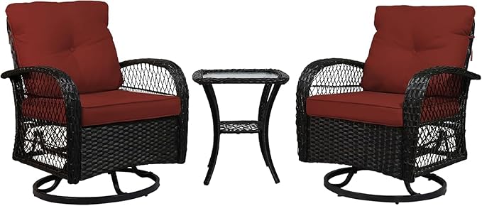 Patio Furniture Set Swivel Rocker, Outdoor Patio Chairs, 3 Piece Suit Porch Furniture Rocking Set, Backyard Rocker Rattan Chair, with Thickened Cushions and Glass Coffee Table(Wine Red)