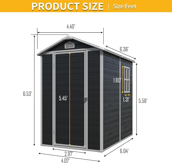 4x6ft Outdoor Storage Shed, Resin Patio Furniture Storage with Lockable Door, All-Weather，Garden Shed Kit with Reinforced Floor & Natural Light Window，UV Protection (Black, 4x6ft)