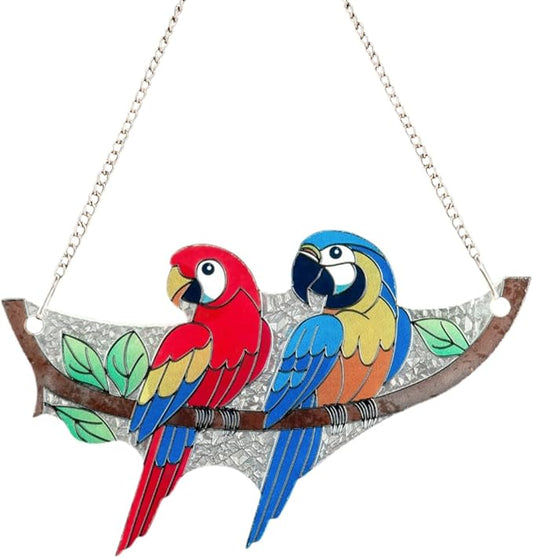 Macaw Bird Stained Glass Suncatcher on Branch 6.4" x 4" Indoor Window Decoration, Ideal Gift for Bird Lovers