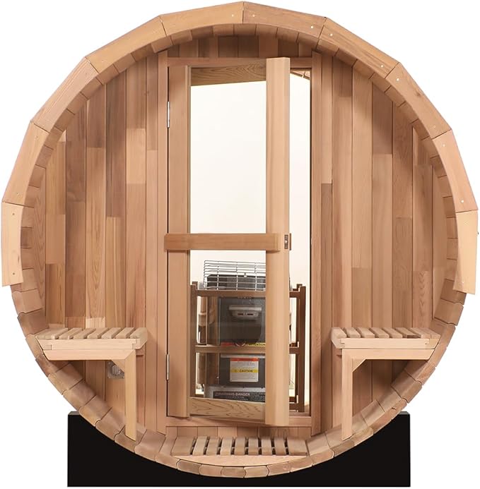 Fully Customize Barrel Sauna 4-8 Person, Hybrid Heating Option, Canadian Red Cedar, Glass Window Option, Scenic Porch, Wood Burning Stove,Harvia Heaters, Infrared Sauna,Red Light Therapy Device