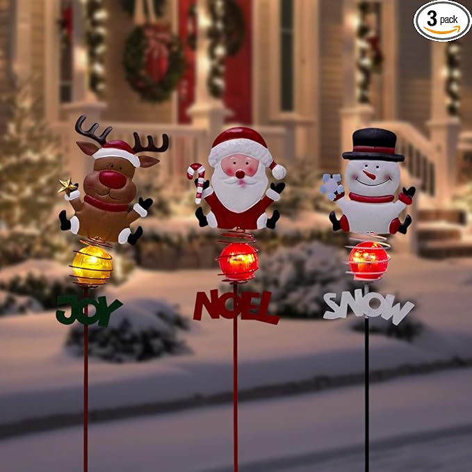 Christmas Solar Garden Lights,3 Pack Santa Claus Snowman Reindeer Solar Stake Lights,Xmas Figurine Lights for Yard Lawn Porch Holiday Decor for Women