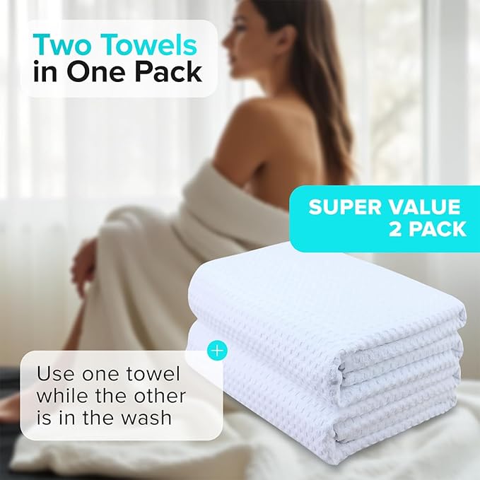 Sauna Blanket Insert Towel - 2 Pack Soft White Cotton Waffle - Comfortable and Easy Home Sessions Minimal Cleanup - Super Absorbent Sauna Towel