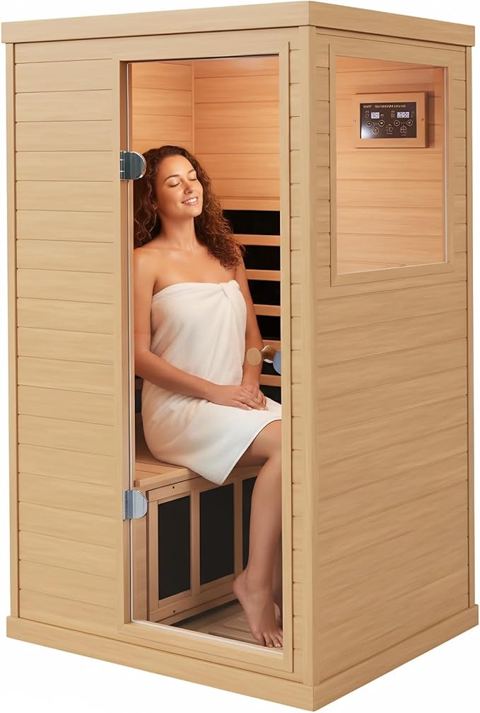 1 Person Infrared Sauna for Home, 1050W Low EMF Indoor Sauna Spa, Canadian Hemlock Home Sauna with Control Panel and Rapid Heating, Bluetooth Speaker, Right Side