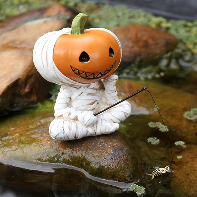 Fishing Pumpkin Head Mummy Statue Funny Halloween Decorations, 3.15 Inch Cute Sitting Figurine Shelf Sitter Resin Sculpture for Outdoor Garden Yard Lawn Pond Waterfalls Pool Ornaments