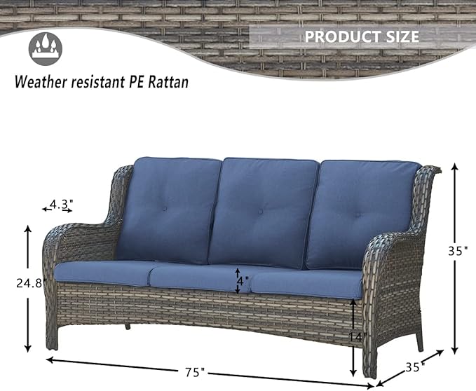 HUMMUH 3-Seat Outdoor Wicker Sofa PE Rattan Patio Couch with Cushions,Deep Seat High Curved Back Armset Patio Sofa