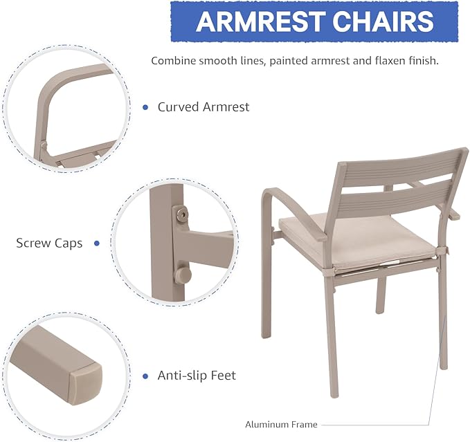 Soleil Jardin Outdoor Aluminum 2-Piece Patio Dining Chairs with Cushions, Stackable Bistro Chairs for Balcony, Garden, Backyard, Flaxen Finish & Beige Cushion