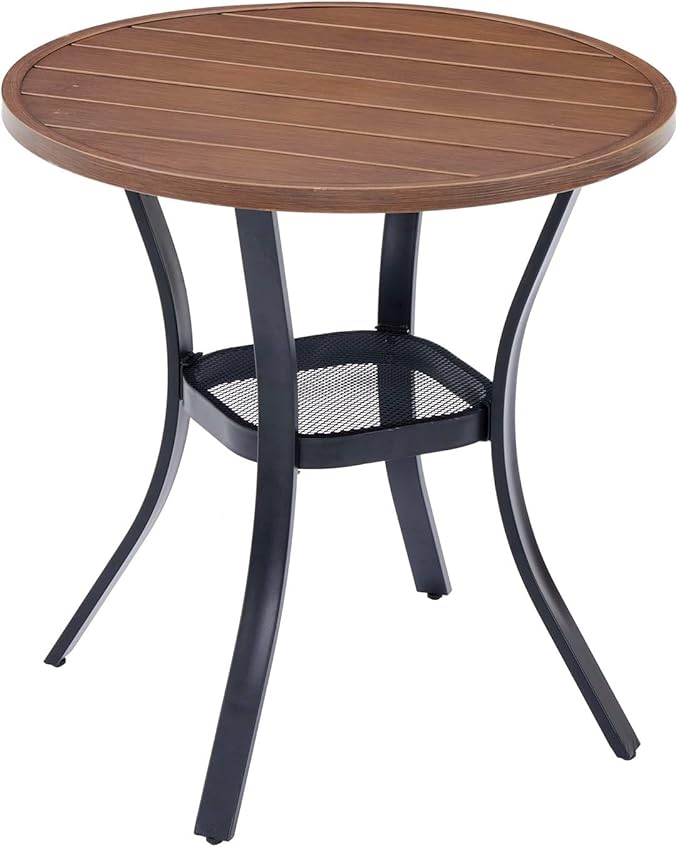 VICLLAX Outdoor Patio Round Dining Table, 28"x 28" Metal Slatted Round Tabletop with Storage Shelf for Deck Lawn Garden Backyard, Walnut