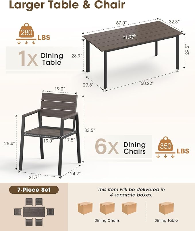 Patio Outdoor Dining Set for 6, Aluminum 7 Piece HDPE Outdooor Table and Chairs Set with Umbrella Hole, Modern Rectangular Patio Furniture Set with All-Weather Table & 6 Chairs (Charcoal)