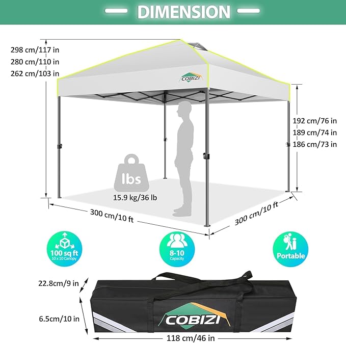 COBIZI 10x10 Pop Up Canopy Tent 1-Button Push Easy up Outdoor Canopy Instant Portable Commercial Shelter Waterproof UPF50+ Gazebo with Reflective Strip, Air Vent & 4 Sandbags,White
