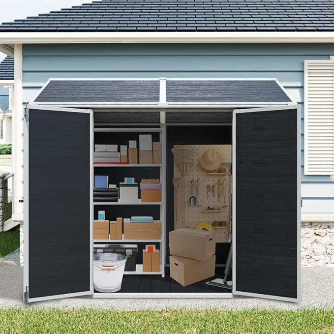 8x6 FT Resin Outdoor Storage Shed with Floor and 2 Windows, Outside Plastic Sheds Storage Clearance w/Lockable Door, Backyard Garden Tool House for Patio, Yard, Lawn, Bike, Black