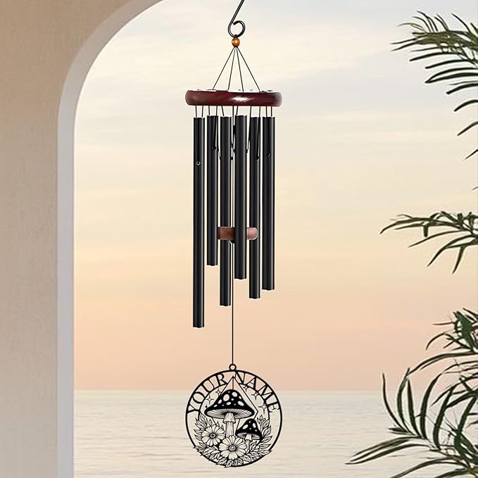 Personalized Customize Name Fantasy Mushroom Wonderland Wind Chime, Metal Iron 37 Inch Outdoor Memorial Gift for Garden Yard Patio Home Decor, Black (Style I)