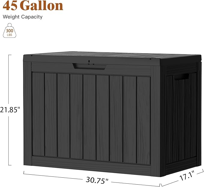 Outdoor Storage Box, Deck Box Waterproof 45 Gallon, Resin Outside Storage, Storage Bin for Package Delivery, Patio Furniture Cushion, Pool Accessories, Weatherproof and UV Resistant, Black