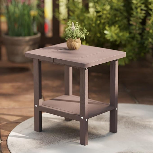 Kingdura Adirondack Outdoor Side Table, 16 x 13 Inches HDPE Plastic Outside End Tables for Patio Pool Porch Backyard Indoor, 2 Tiers Storage Shelf, All Weather Resistant, Easy Maintenance (Brown)