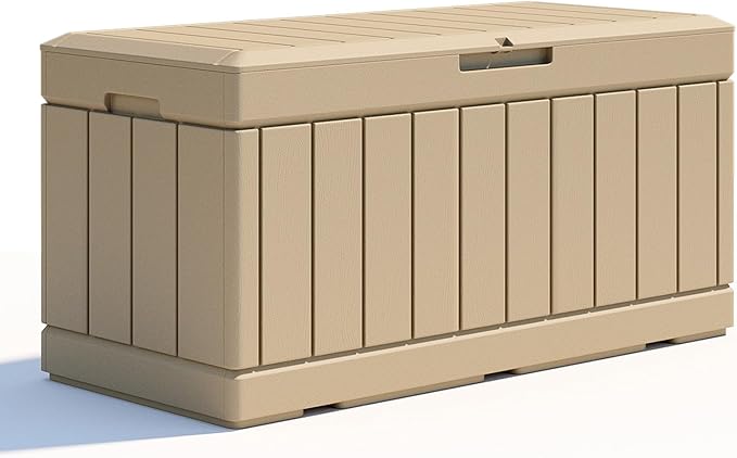 Patiolife 85 Gallon Resin Deck Box, Wood Like Outdoor Storage Box for Garden Tools, Pool Supplies, Waterproof and Lockable, Light Brown
