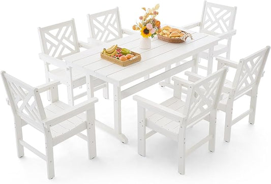 7 Piece HDPE Outdoor Dining Set for 6, Patio Dining Furniture Set with Umberlla Hole, Weather Resistent Outdoor Table and Chairs for Garden, Poolside, Backyard, Deck,White