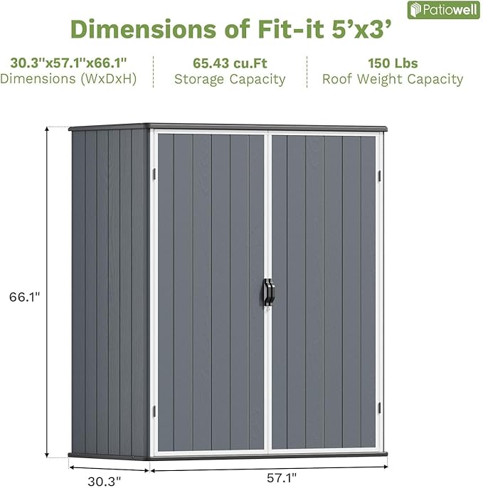 Patiowell Plastic Outdoor Storage Shed, 5 x 3 FT Patio Outdoor Storage Cabinet with Stable Roof & Lockable Doors, Waterproof Resin Shed for Tools, Patio Furnitrue Accessories, Dark Gray