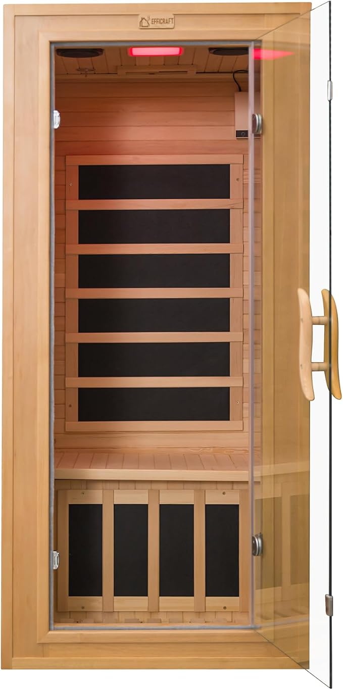 Infrared Sauna Indoor, 1 Person Hemlock Wooden Home Sauna, Dry Sauna for Home Spa Room 1350W, Time Temp Pre-Set Sauna Room, w/7 Heating Panels Mini Personal Far Infrared Saunas for Home