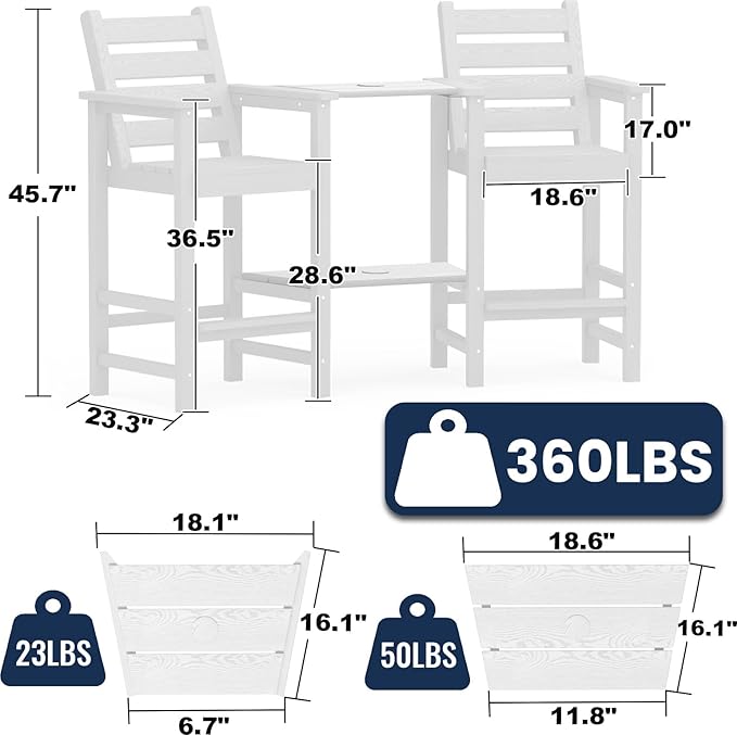 Tall Adirondack Chairs Set of 2, All Weather HDPE Poly Bar Height Balcony Adirondack Chair with Removable Double Connecting Trays, Outdoor Adirondack Barstools for Deck, Patio, Yard, Pool, Lawn