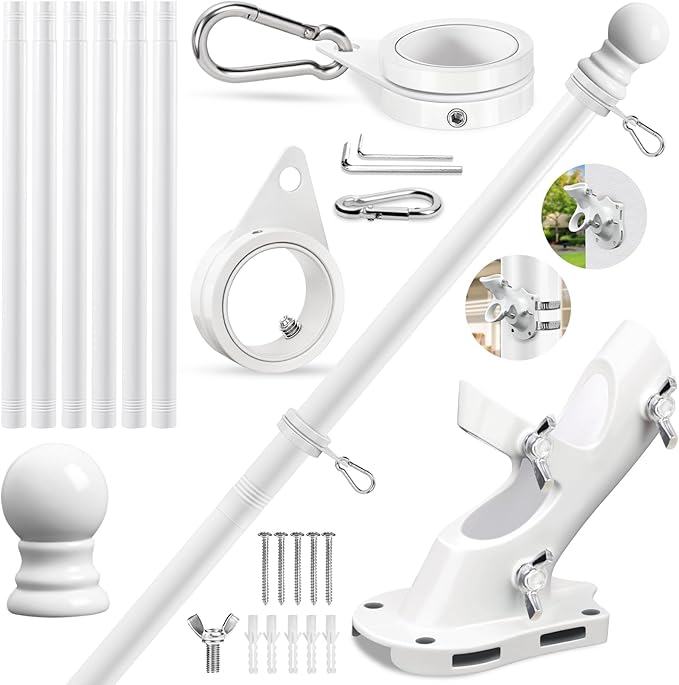 REERON Flag Pole for Outside House Porch Wall Mount, 7 FT 1" No Tangle Stainless Steel Spinning Flagpole Kit with 360° Metal Flag Pole Rings Clips & 2-Position Holder for 3x5' 4x6' American Flags