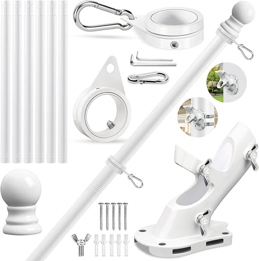 REERON Flag Pole for Outside House Porch Wall Mount, 7 FT 1" No Tangle Stainless Steel Spinning Flagpole Kit with 360° Metal Flag Pole Rings Clips & 2-Position Holder for 3x5' 4x6' American Flags