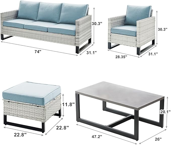 Rilyson Wicker Outdoor Patio Furniture Set - 6 Piece Patio Conversation Set with 2 Armrest Chairs,2 Rattan Ottoman,1 Couch and 1 Metal Side Table for Outside Porch Deck Backyard(Light Grey/Sky Blue)