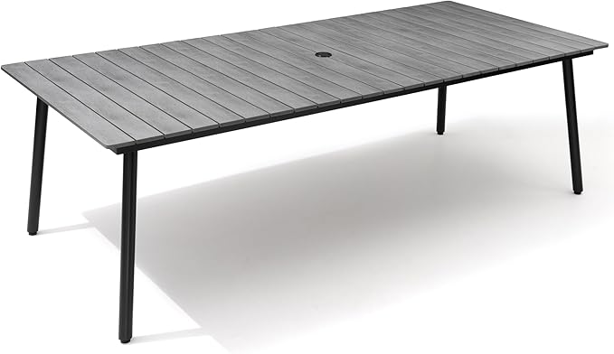 Outdoor Dining Table for 8-10, 94.5 inch Patio Dining Table with Wooden-Like Top and Aluminum Frame, Rectangular Table with Umbrella Hole Outdoor Furniture, Grey