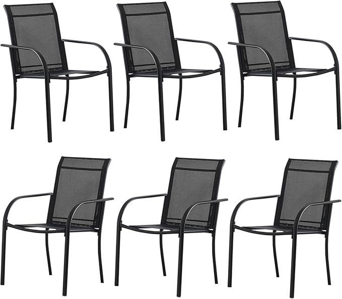 Outdoor Dining Chairs Set of 6, Stackable Patio Chairs with Textilene Fabric, Lightweight Garden Chairs for Poolside, Backyard, Camping, Black