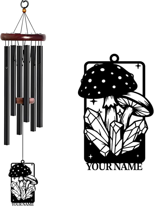 Personalized Customize Name Fantasy Mushroom Wonderland Wind Chime, Metal Iron 37 Inch Outdoor Memorial Gift for Garden Yard Patio Home Decor, Black (Style J)