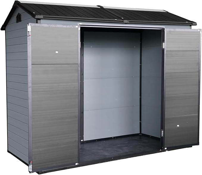 LANTRO JS 8x4FT Plastic Storage Shed with Floor, Storage Shed with Floor Included, 2 Windows and Lockable Door Sheds for Garden Tools, Bike