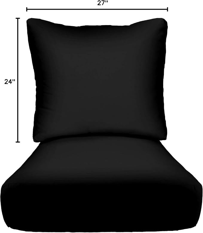 RSH DECOR: Deep Seating Cushion with Pillow Back | 24” x 27” Seat | All-Weather Spun Fabric | Water and Fade-Resistant | Outdoor Chair Cushion Set for Patio Furniture | Black